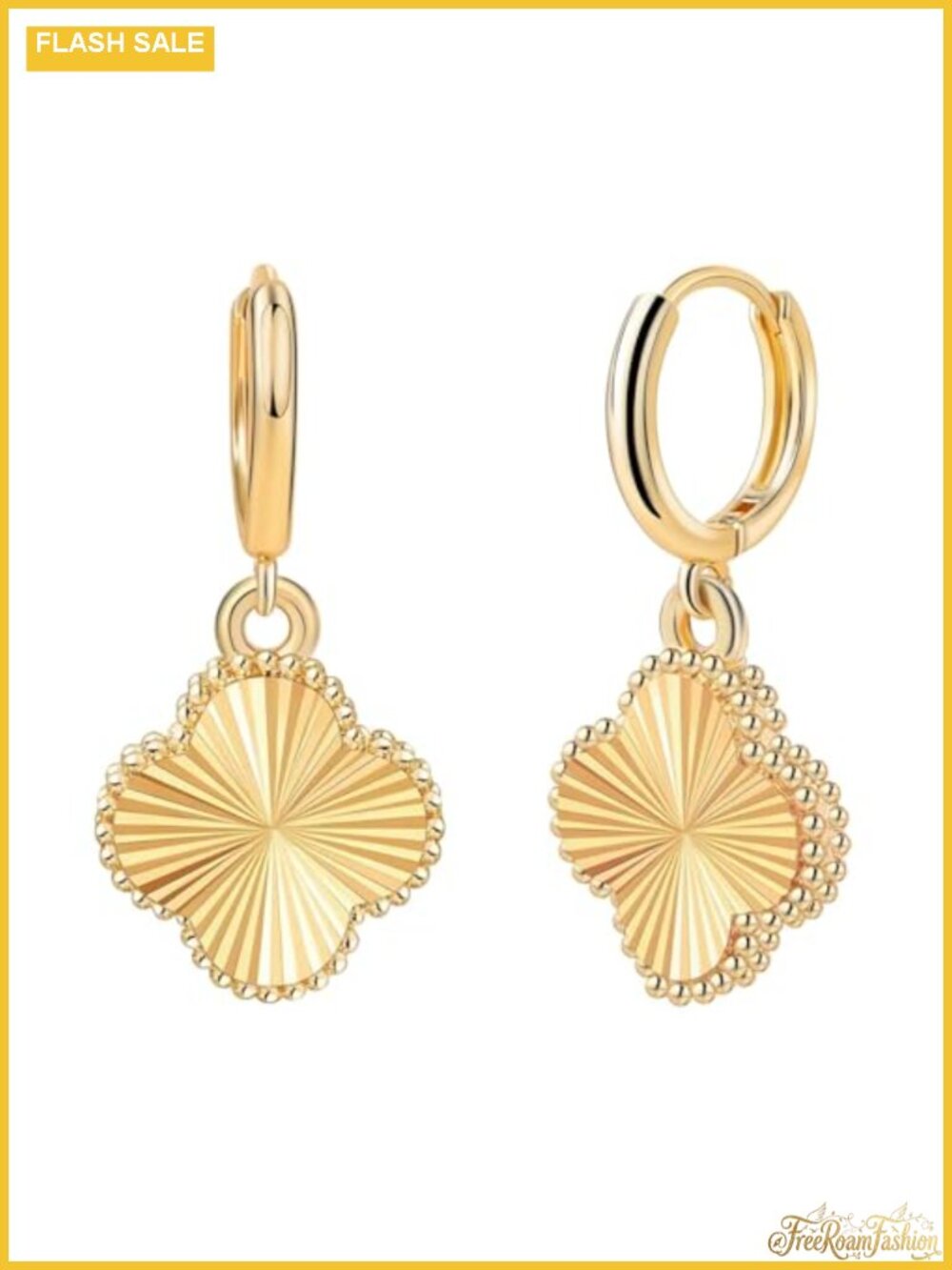 14K Gold Plated Four Leaf Clover Dangle Hoop Earrings